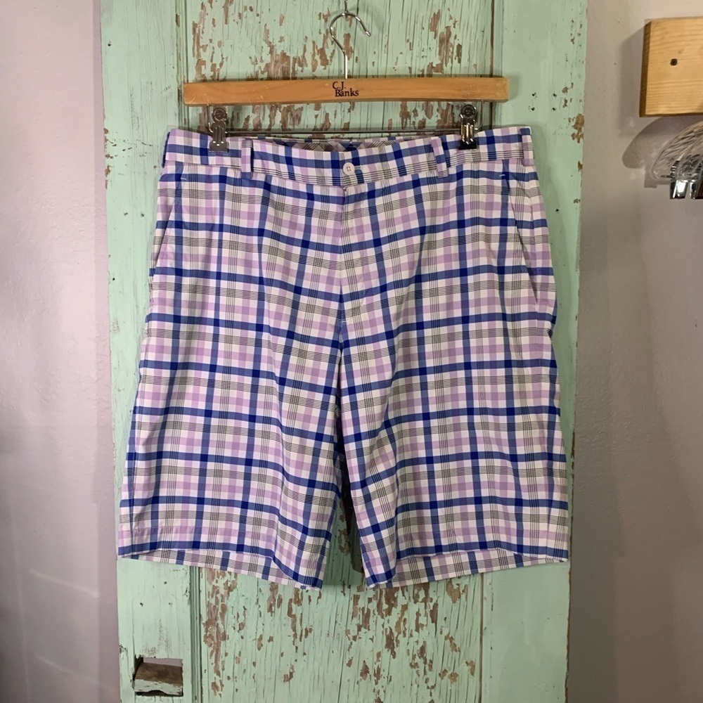 Men’s Nike purple, white, and blue plaid golf shorts